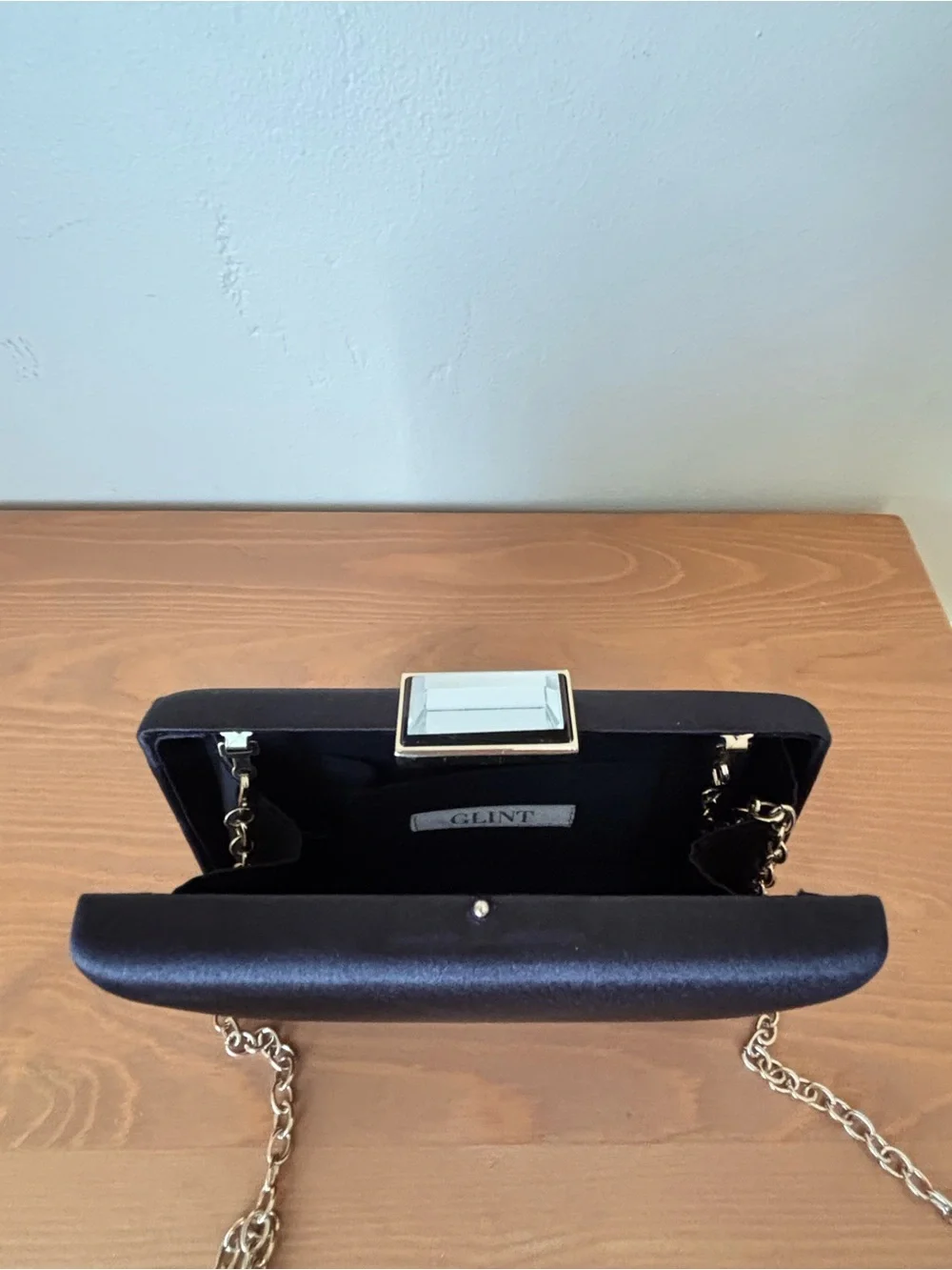 Glint Elegant Black Satin Evening Clutch Formal with chain optional